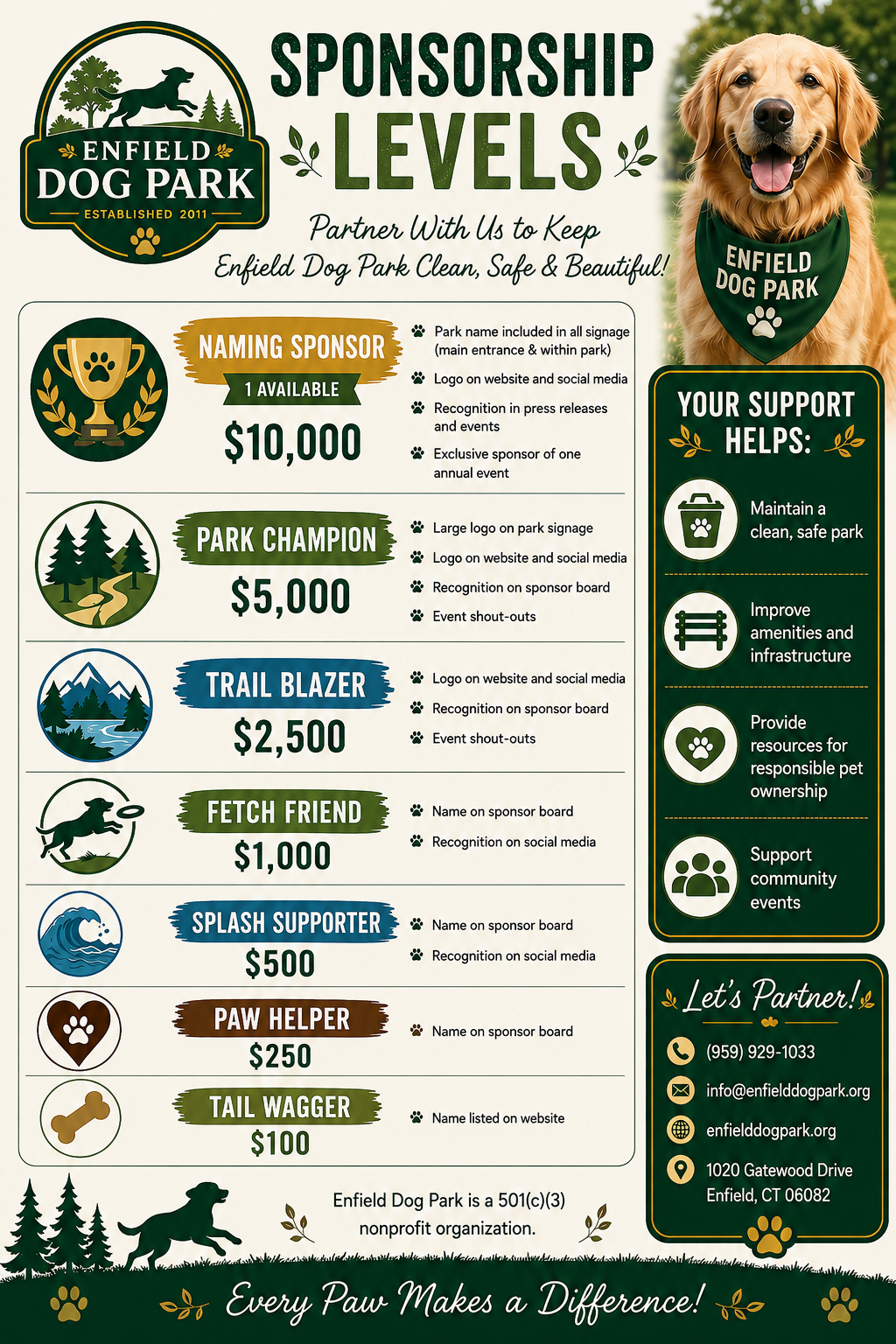 Enfield Dog Park Sponsorship Levels